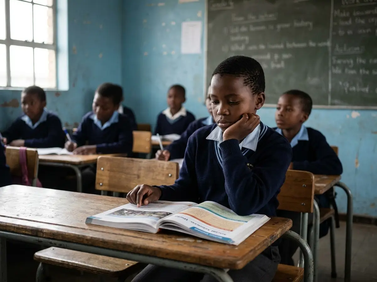 A Grade 4 learner sits at a wooden desk in a South African classroom, resting his chin on his hand as he concentrates on an open textbook