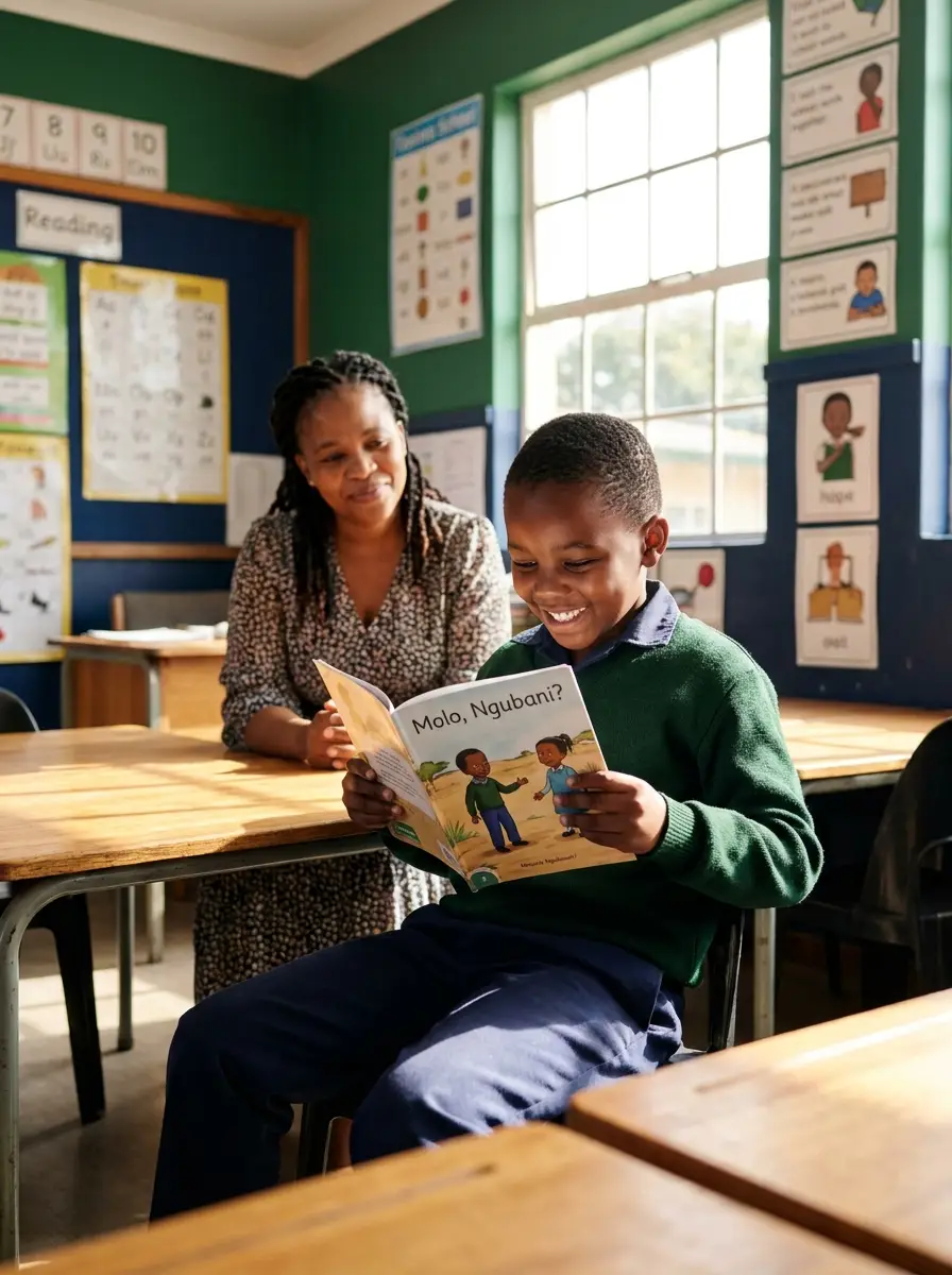 A young learner in a green jumper reads aloud from a storybook while a teacher smiles beside him in a sunlit South African foundation phase classroom